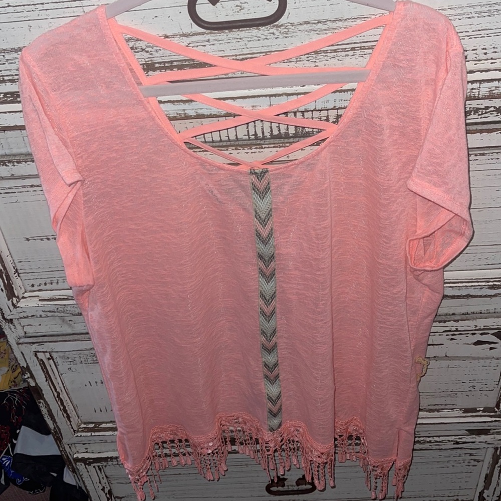 NWOT Maurice's bright orange pink blouse with fringe on bottom and cross back 3x